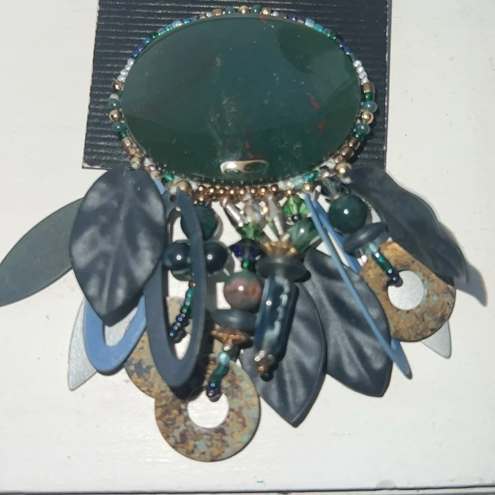 Chipita brooch pin  . Green/blue stone blue/gold beading vintage Handmade